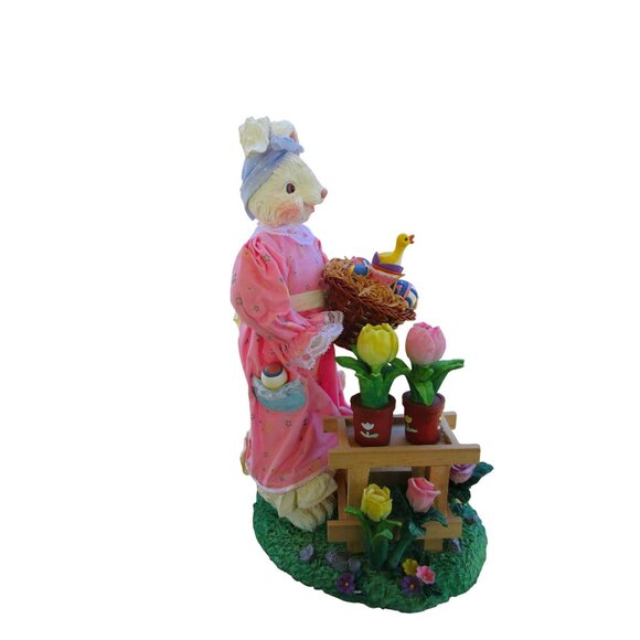 Fabric Mache Mrs. Easter Bunny Figurine With Tulips Eggs Duckling GUC - Picture 2 of 16
